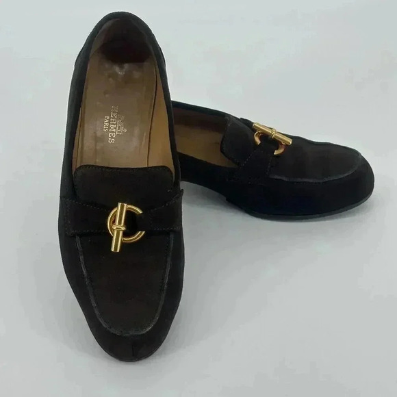 Authentic Vtg 1992 HERMES Brown Suede Slip On Flat Loafers Gold Metal Bit EU37.5 - Picture 1 of 11